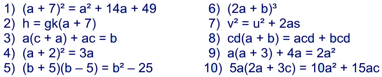 Expression Formula Equations and Identities